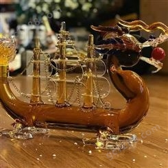玻璃龙形白酒瓶   透明手工   吹制龙舟造型   红酒器龙上船   玻璃工艺酒瓶  中国龙船醒酒器