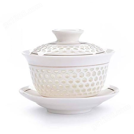 景德镇青花玲珑陶瓷三才盖碗 镂空家用盖碗茶备 高白瓷茶碗敬茶杯